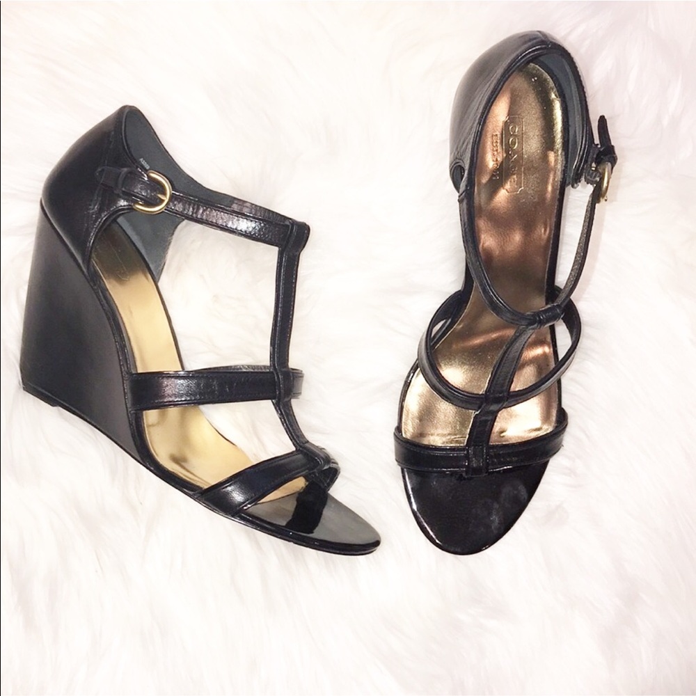 Coach black leather wedges size 10